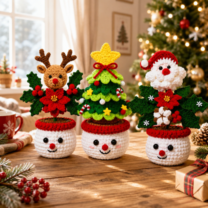 Handmade Crochet Cute Christmas Festive Character Pot
