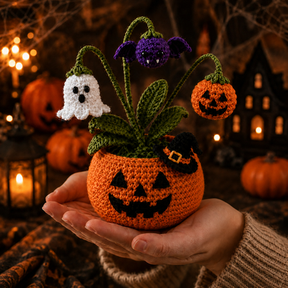 Handmade Crochet Halloween Pumpkin Ghost Pot